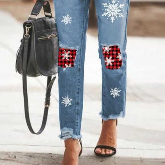 Sky Blue Christmas Snowflake Plaid Patchwork Distressed Jeans - Picture 2 of 3